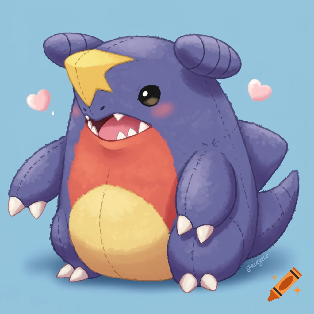 A purple and red Garchomp Pokemon plush toy with hearts