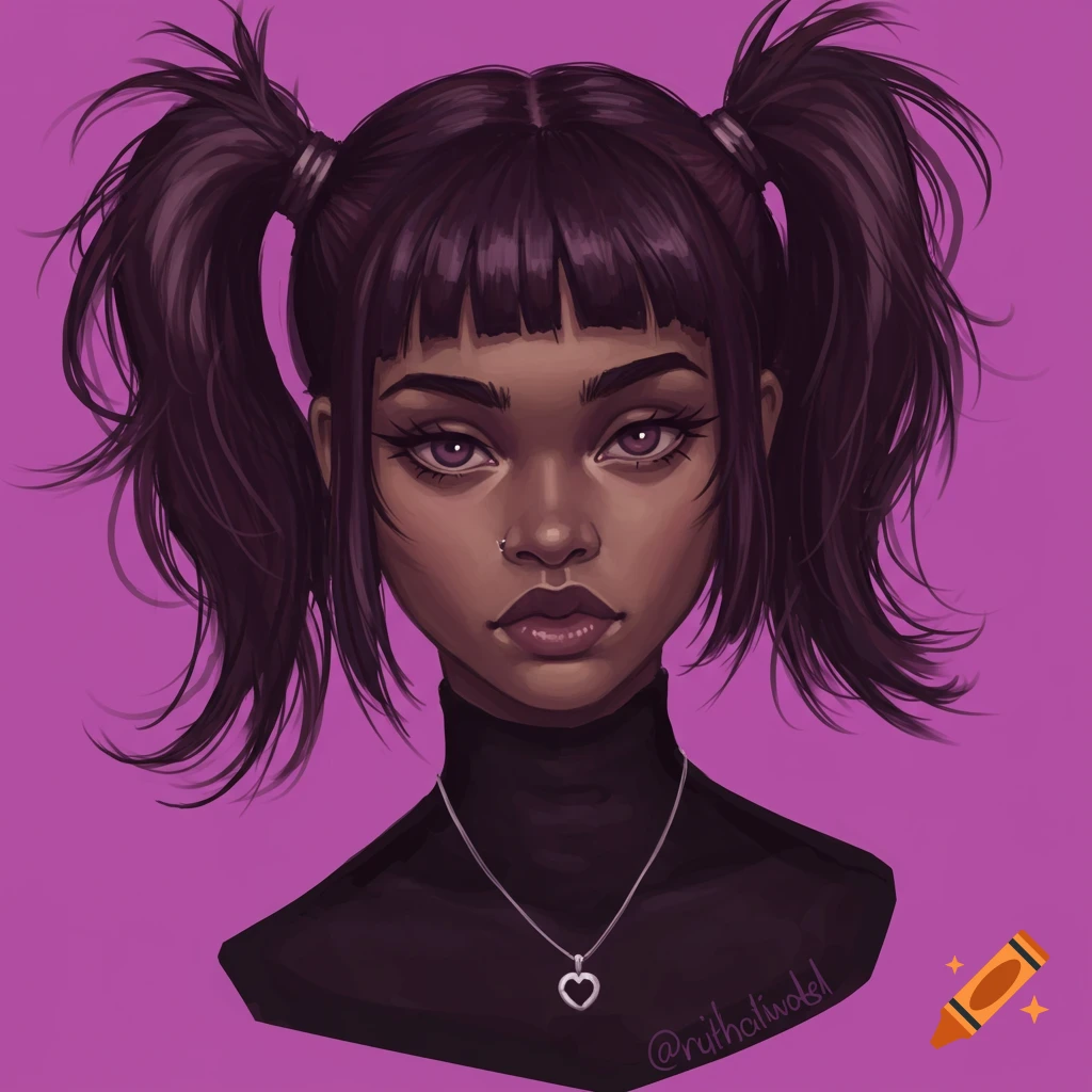 Portrait of a dark-skinned person with two ponytails and bangs, wearing a black turtleneck.