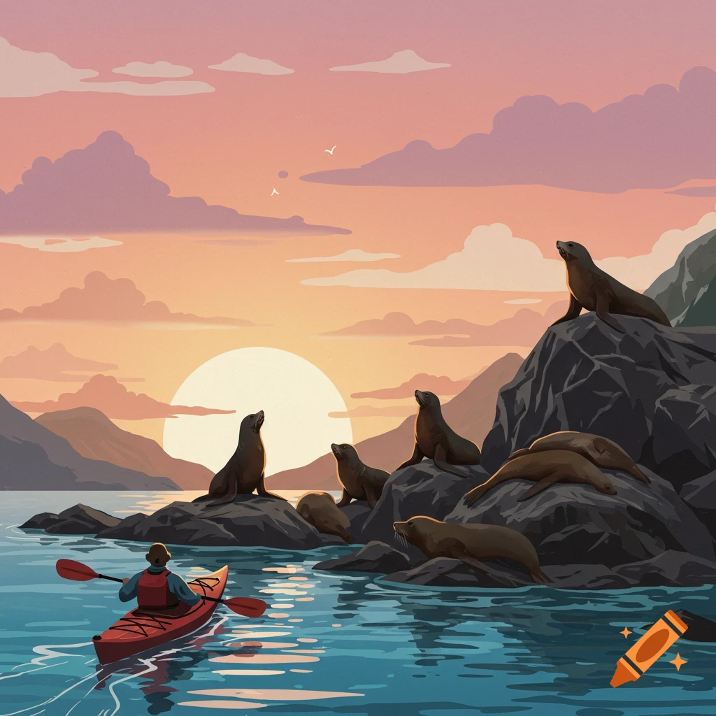 A kayaker paddling towards sea lions on rocks at sunset.