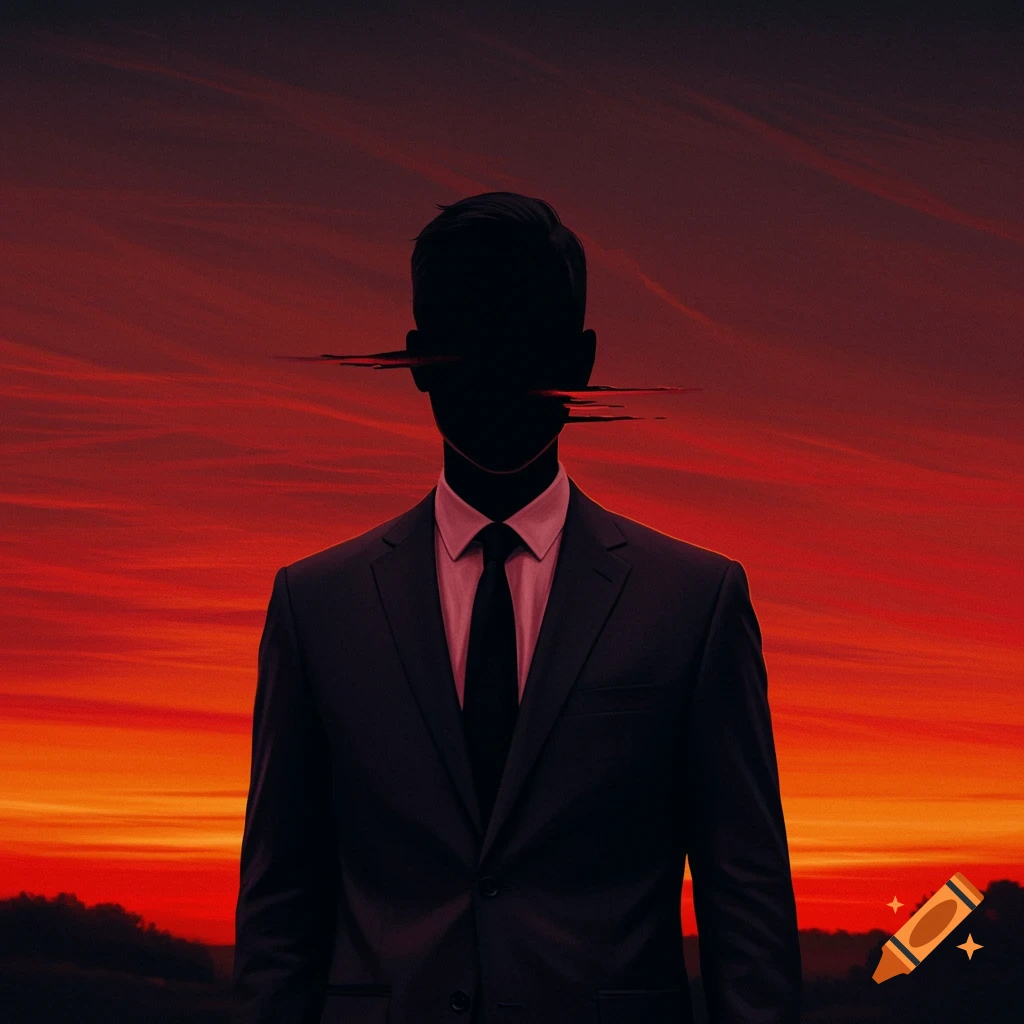 Surreal portrait of a man in a suit with a void face and red streaks against a dramatic sunset.