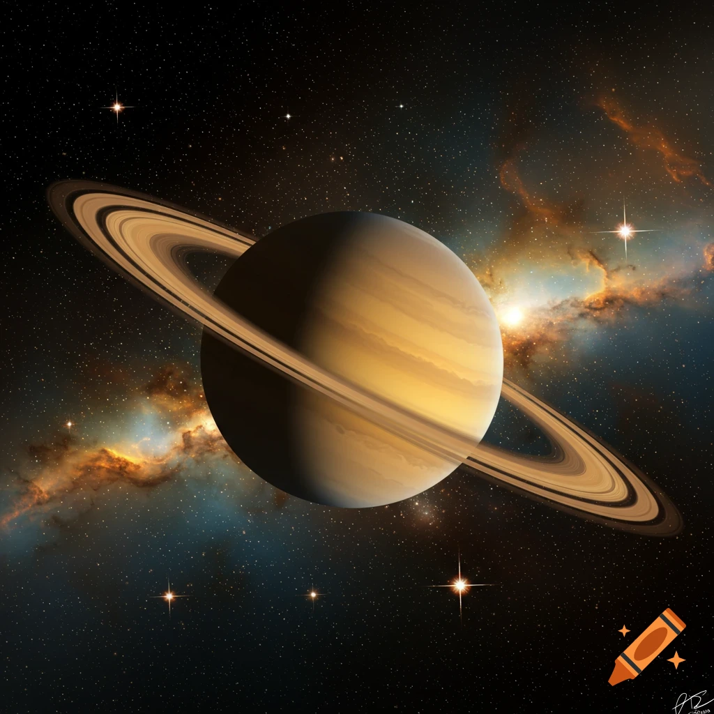 Saturn with rings in space among stars and a colorful nebula.