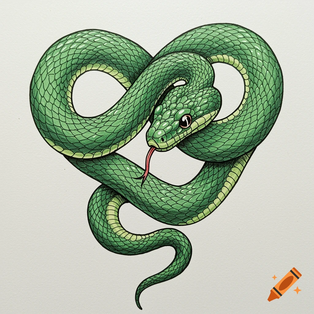 An illustration of a green snake coiled into the shape of a heart.