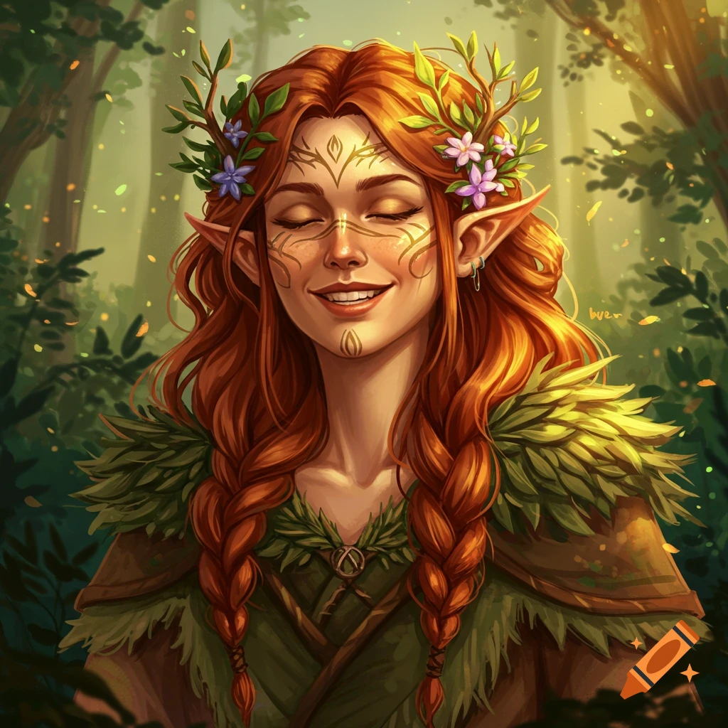 A smiling female fantasy character with red hair and pointed ears, wearing a green cloak, in a forest.