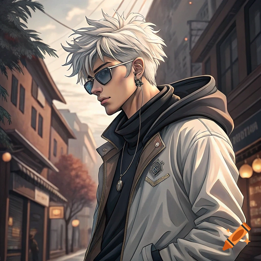Anime style man with white hair and sunglasses walks down an urban street.