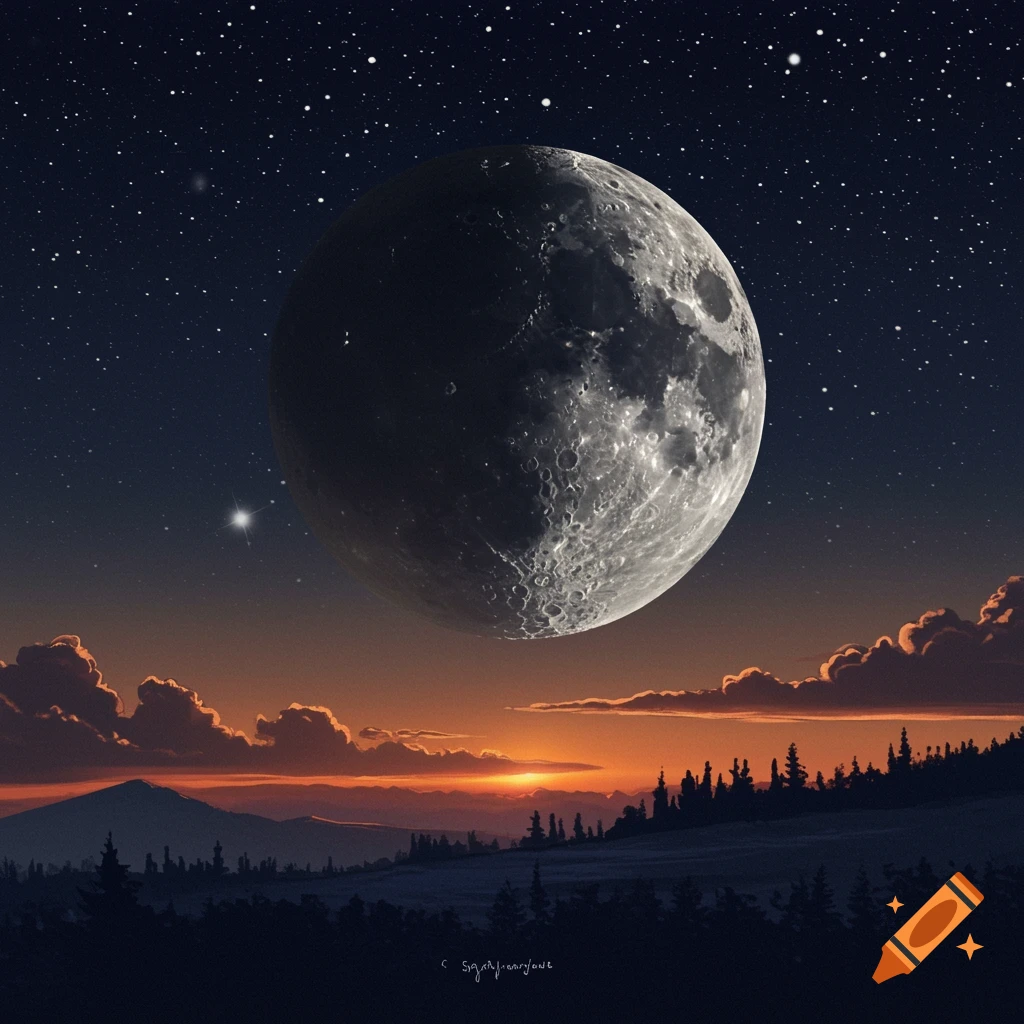 A large moon over a mountain landscape at sunset.