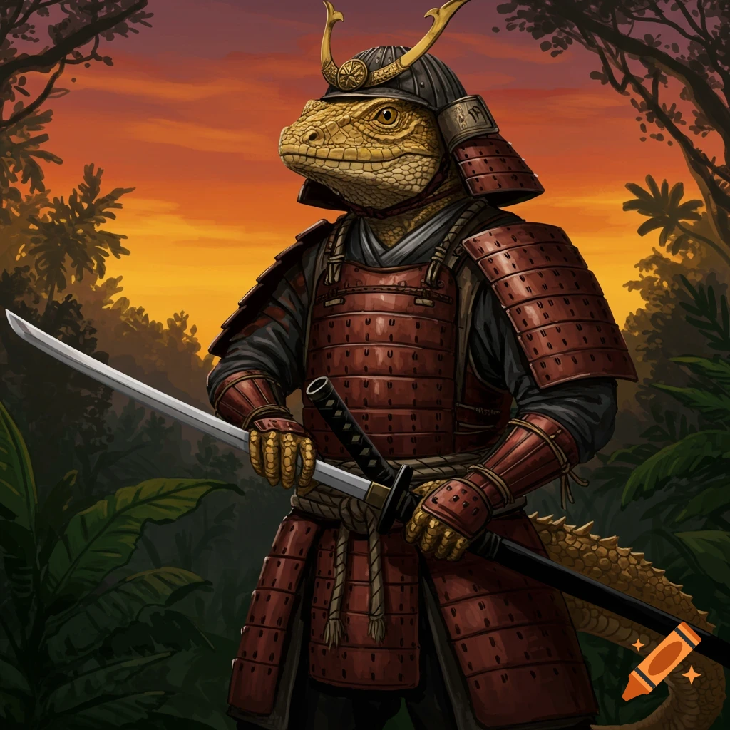 A lizard in samurai armor holding a katana in a jungle at sunset.
