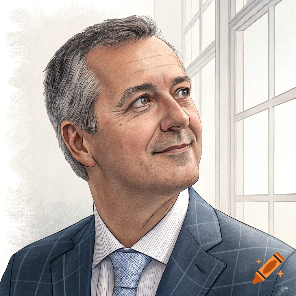 Illustrated portrait of a man in a blue suit looking up, with a large window in the background.