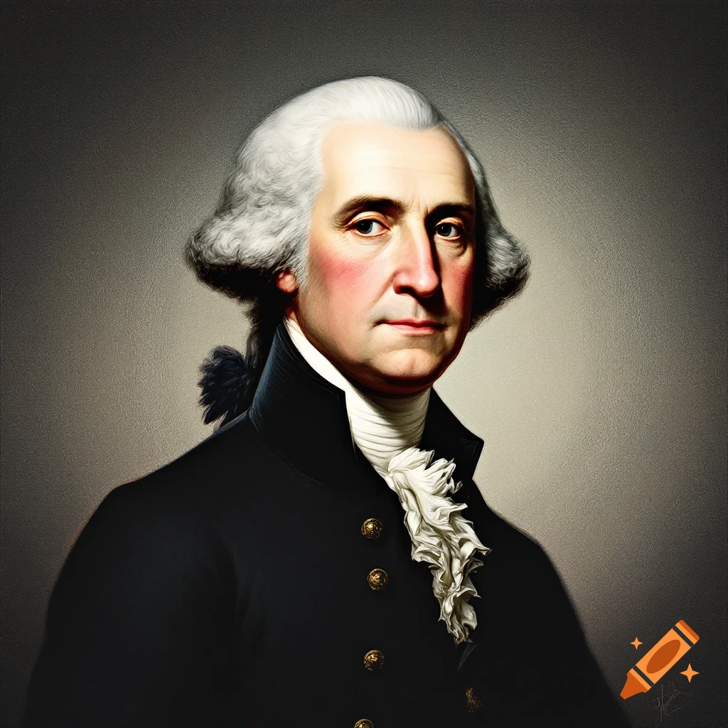 Portrait of George Washington in a dark coat and white ruffled shirt.