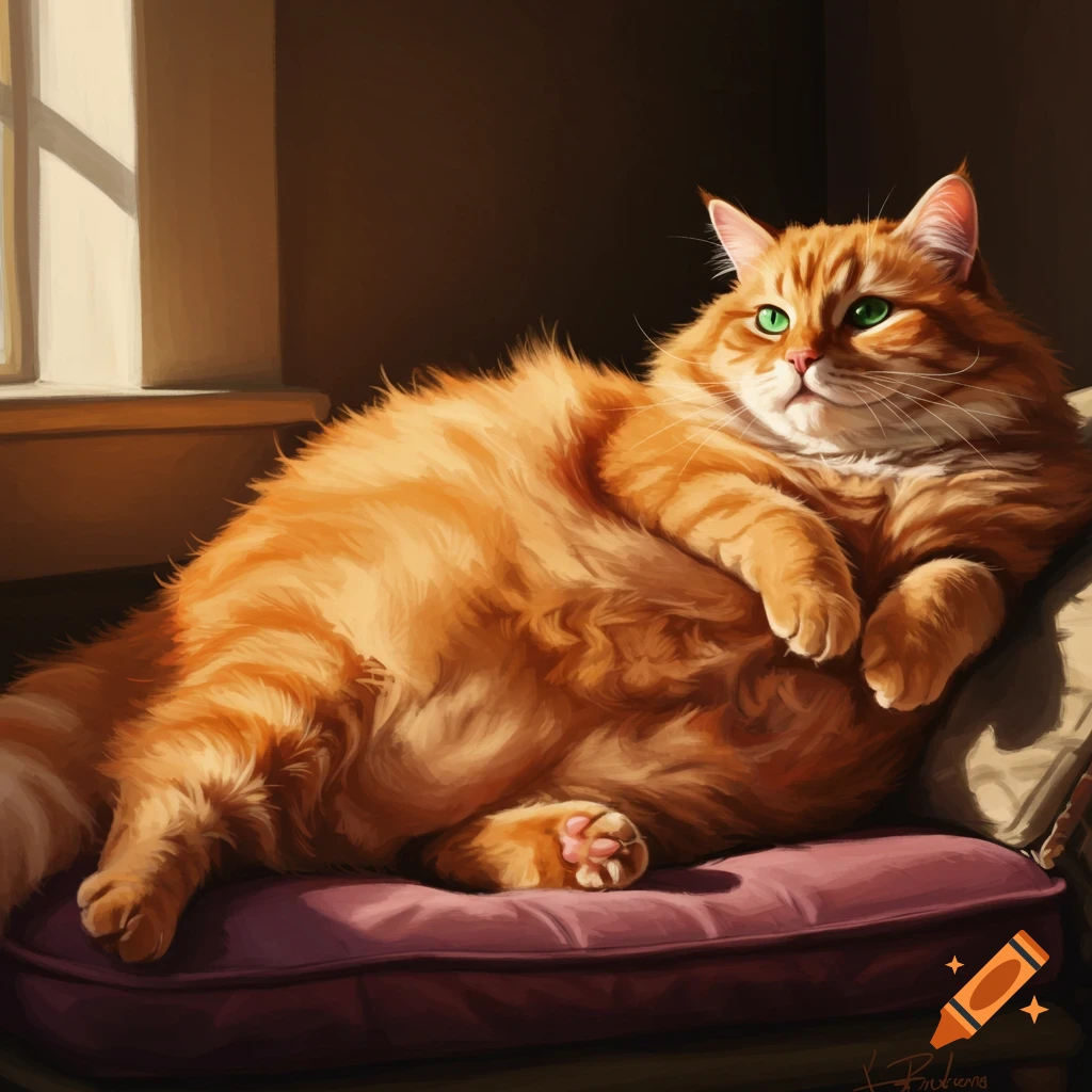 An obese orange tabby cat lounges on a purple cushion in a sunbeam.