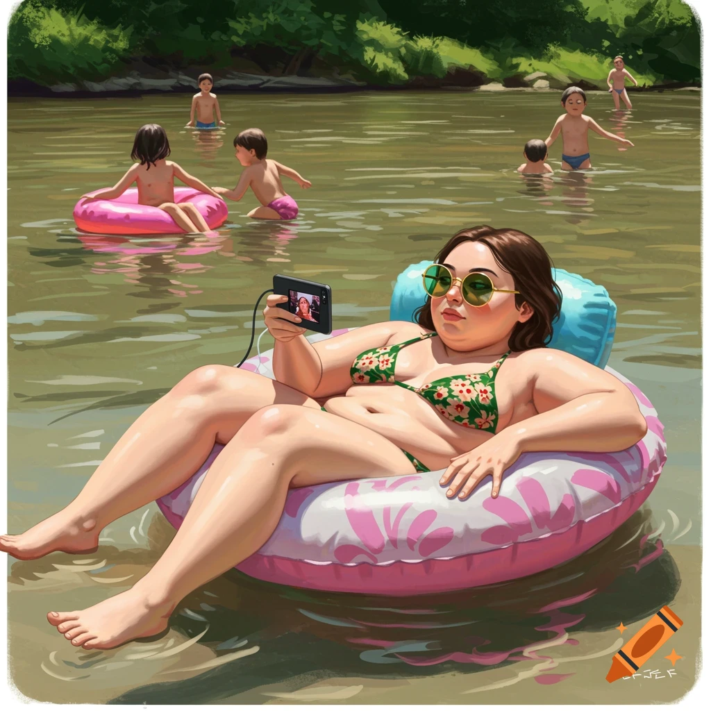 A woman lounges on a pink floaty in a river, watching her phone. Children swim in the background.