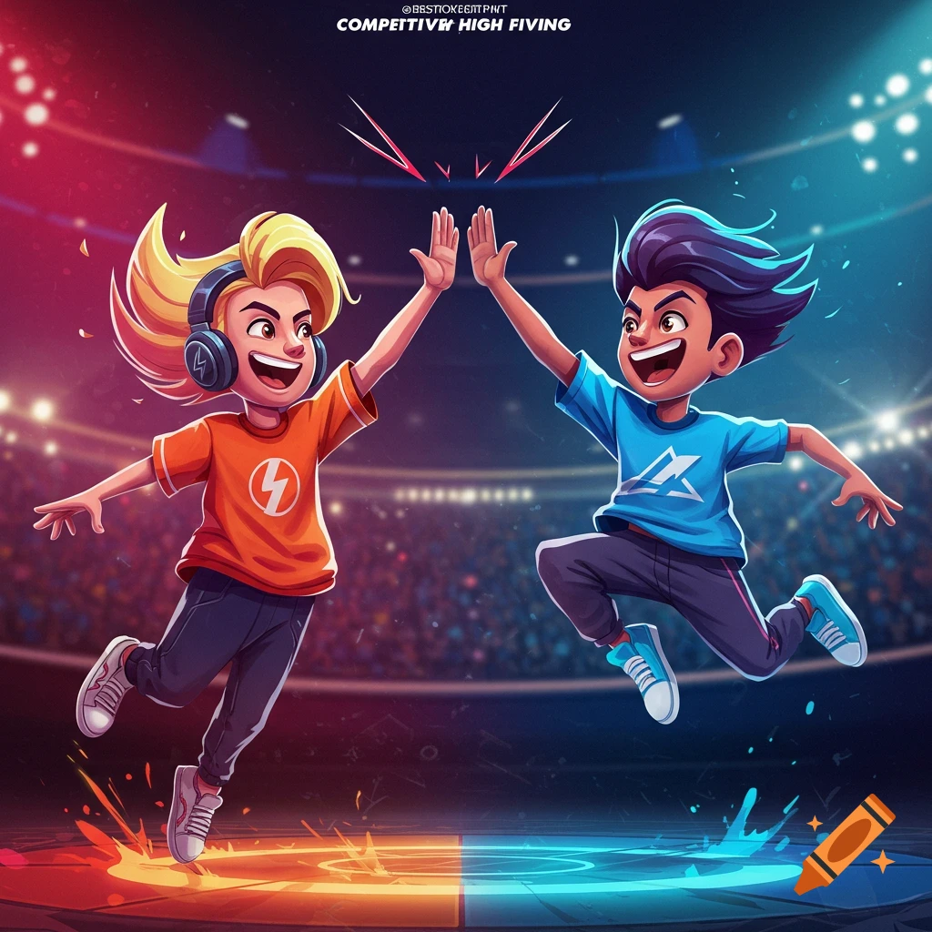 Two cartoon kids jumping and high-fiving in a brightly lit stadium, digital art.