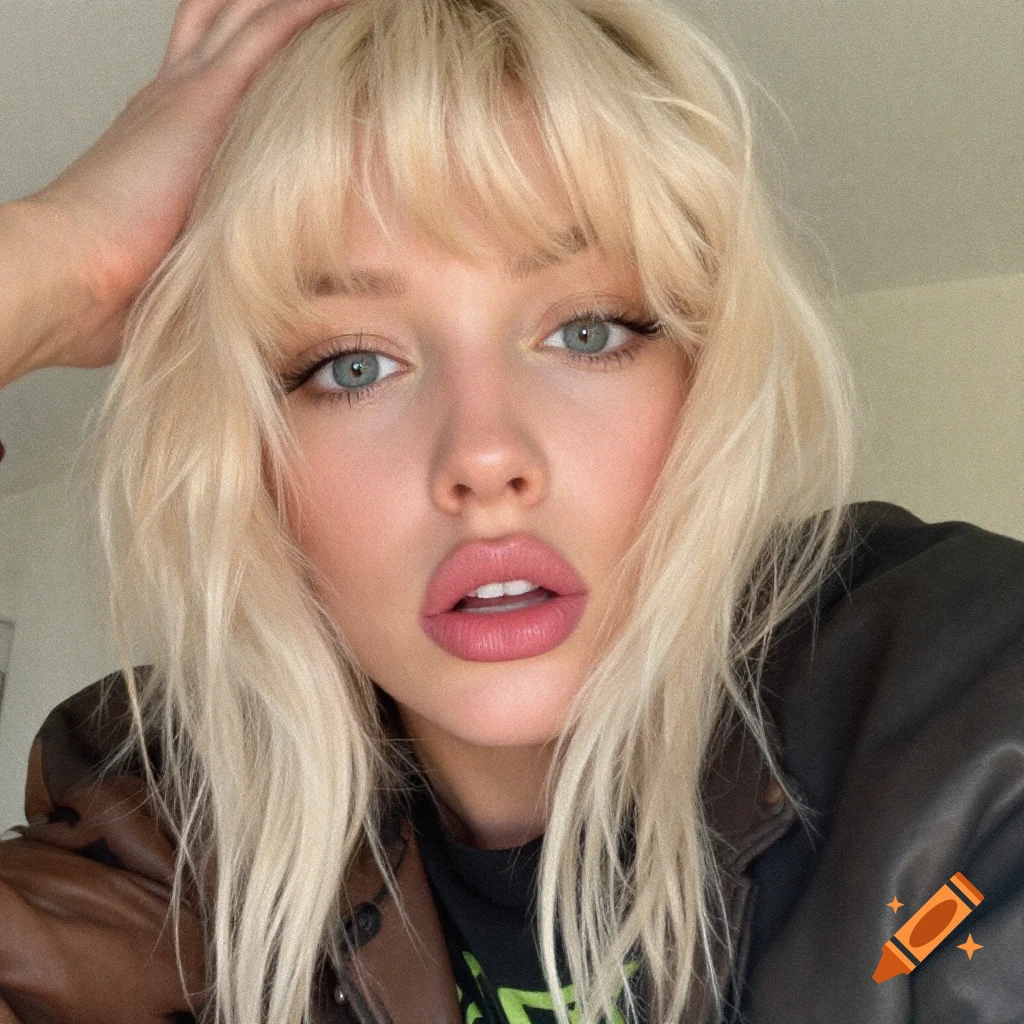 Close-up portrait of a blonde woman with blue eyes in a leather jacket