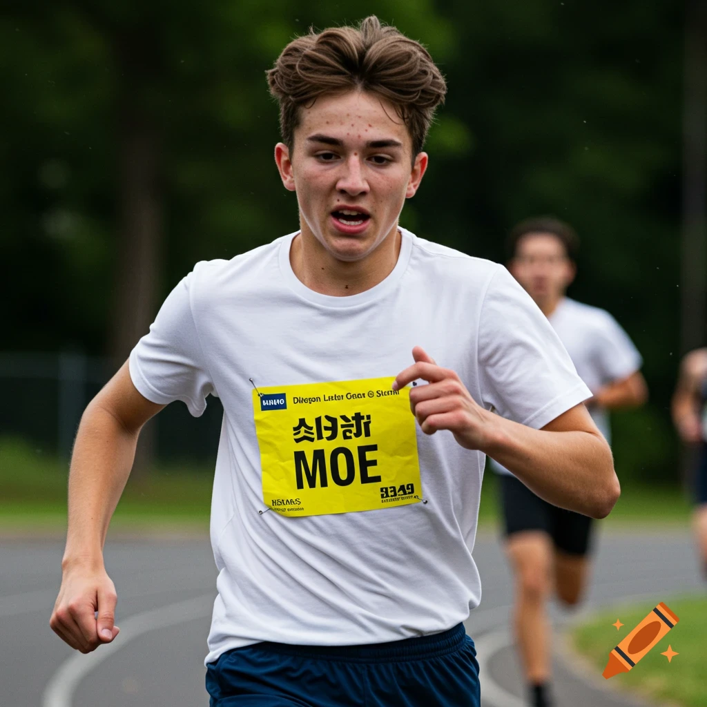 A young man wearing a yellow nametag that says 'MOE' runs in a race.