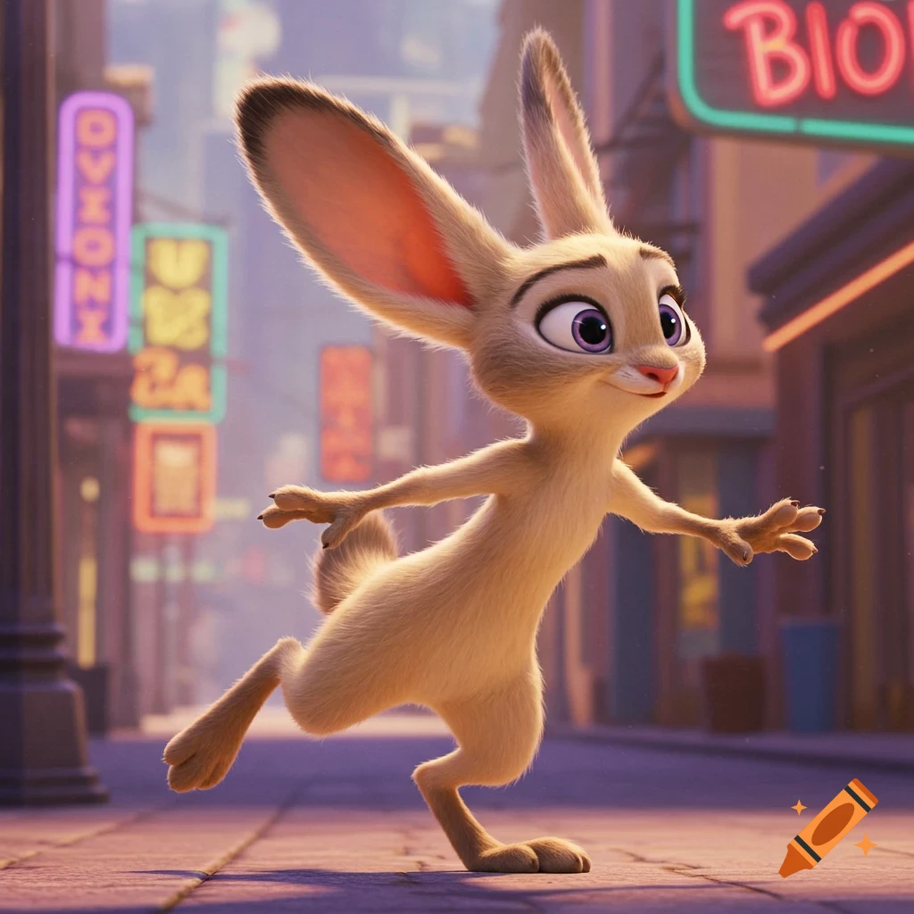 A cartoon rabbit-like animal hops down a city street in a CGI animation style.