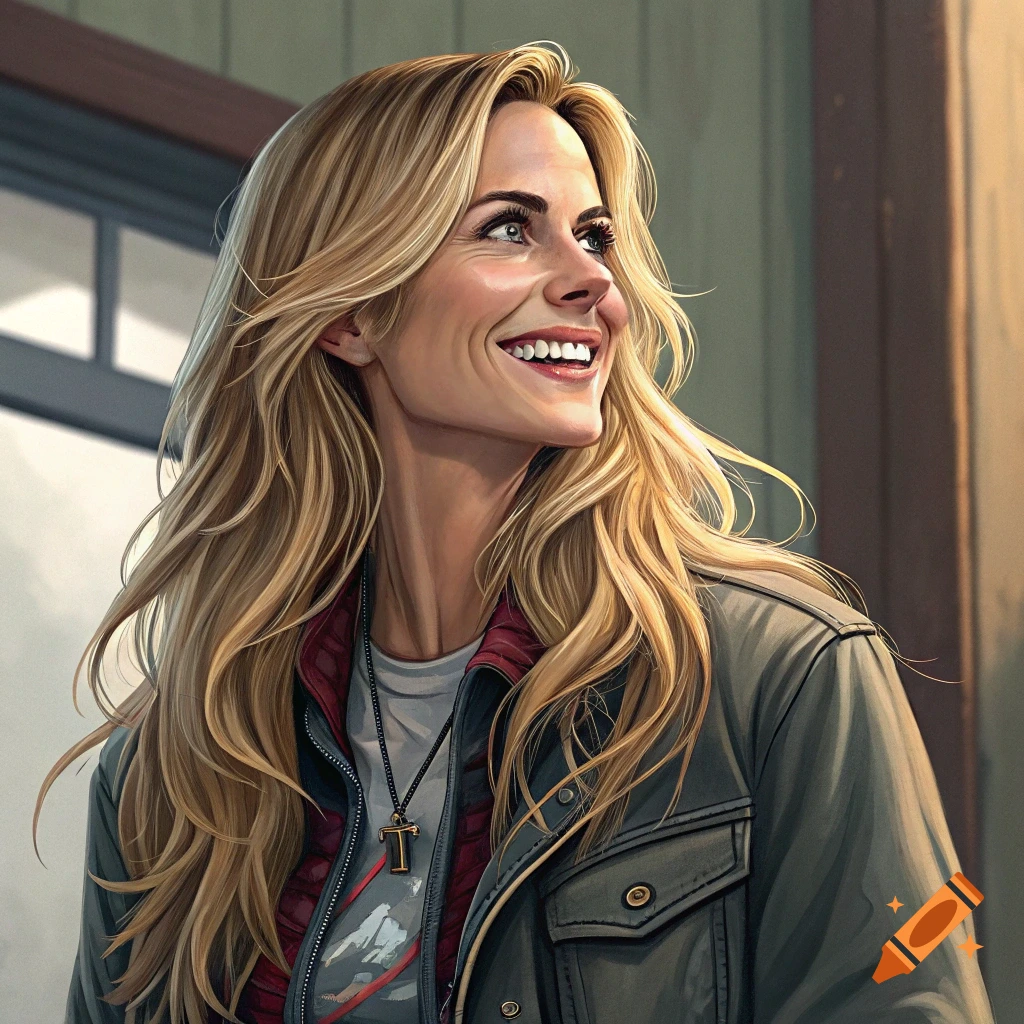 An illustration of a smiling woman with long blonde hair looking up and to the right.