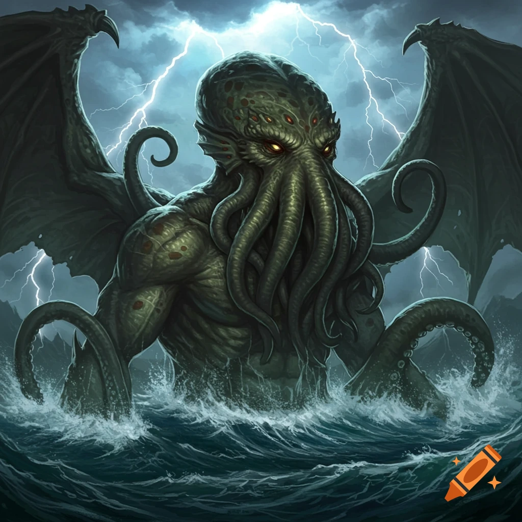 A monstrous, winged creature with tentacles rising from stormy seas under lightning.