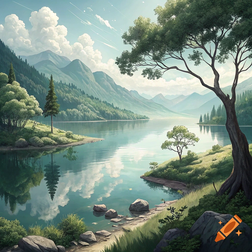 A serene lake reflects mountains and clouds in a wooded valley