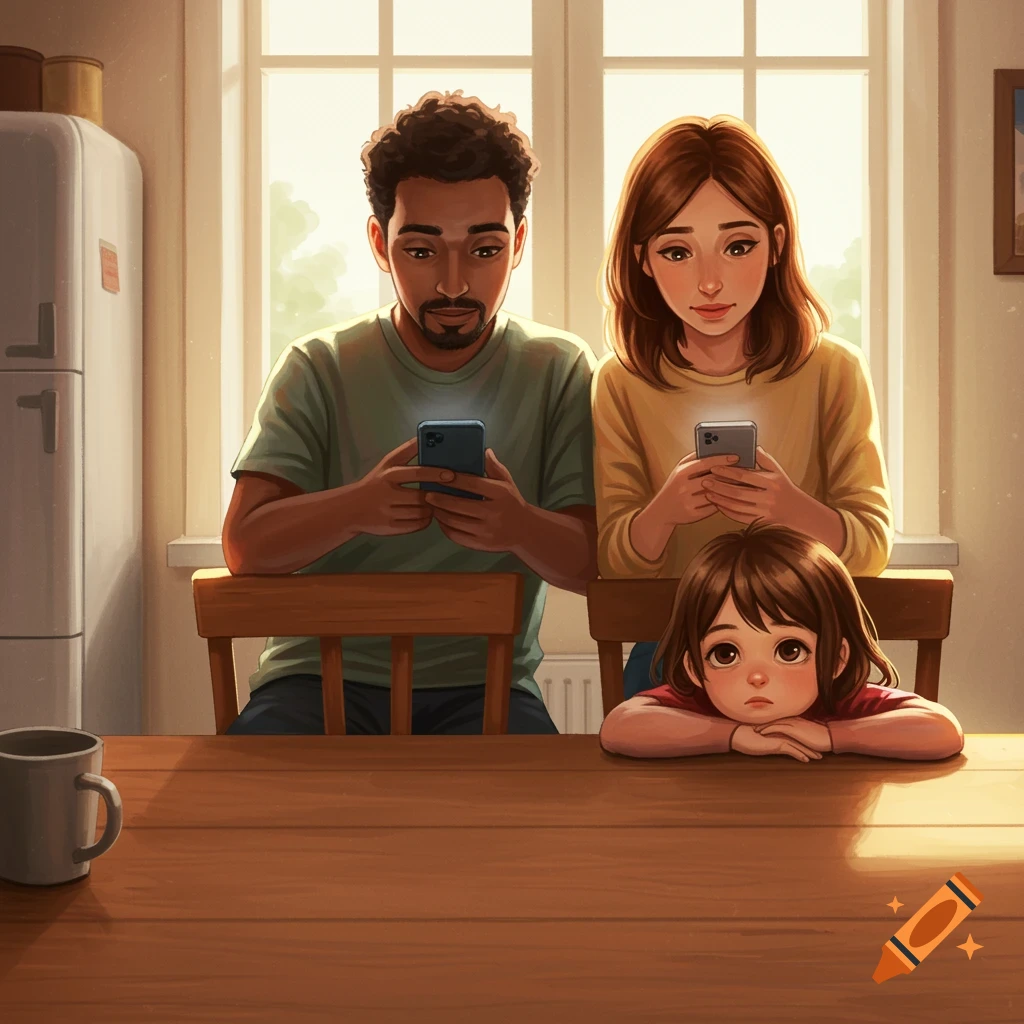 A child looks sad at a table while parents stare at phones.