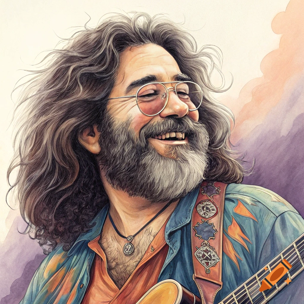 Watercolor portrait of a smiling man with long hair and beard playing a guitar.