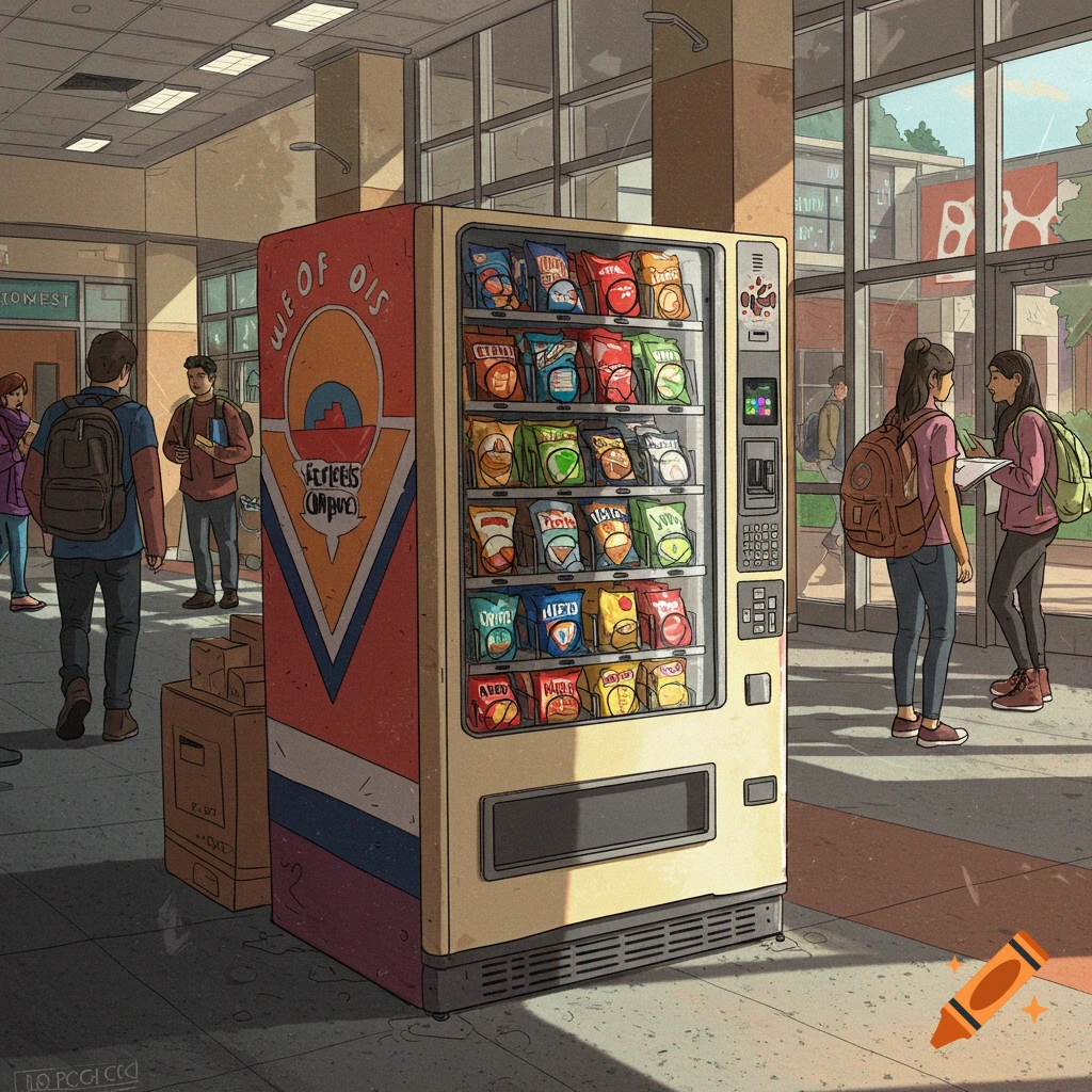 A vending machine in a university hallway with students.