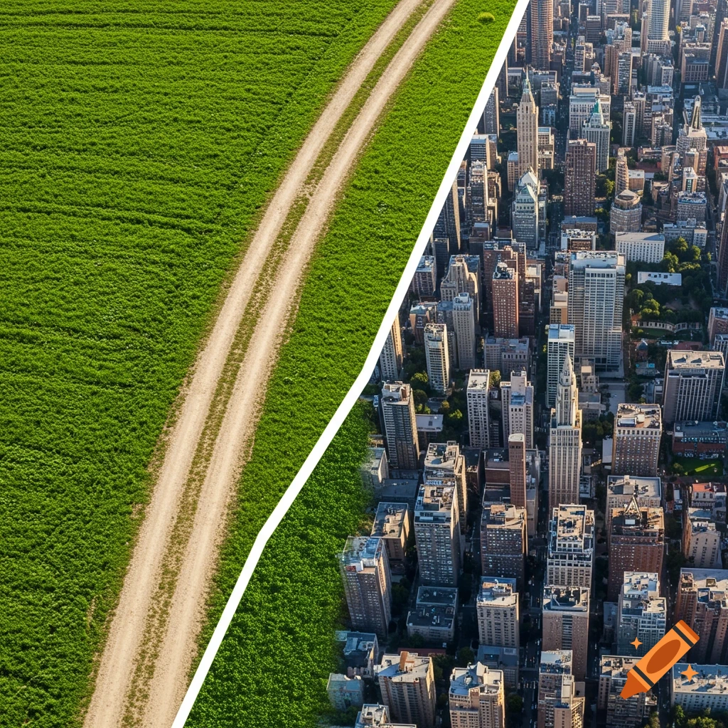 A split image showing a dirt road through a green field on one side and a dense cityscape with tall buildings on the other, viewed from above.
