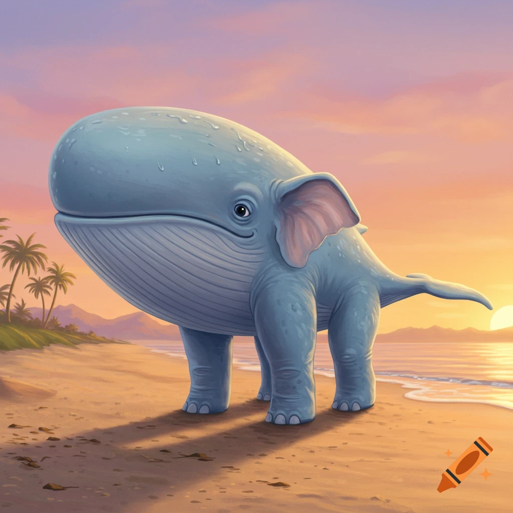 A cartoon-like whale with elephant legs stands on a beach at sunset.