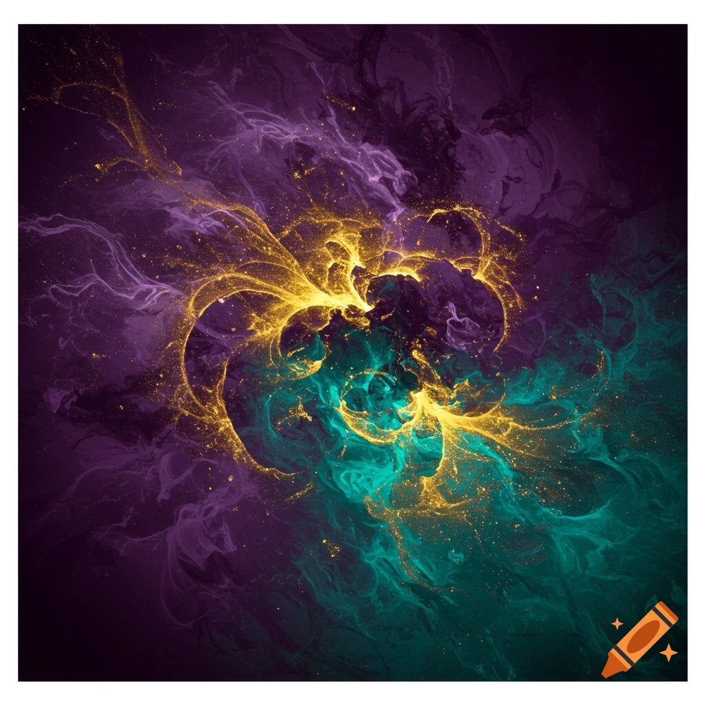 Abstract painting with purple, gold, and teal swirls.