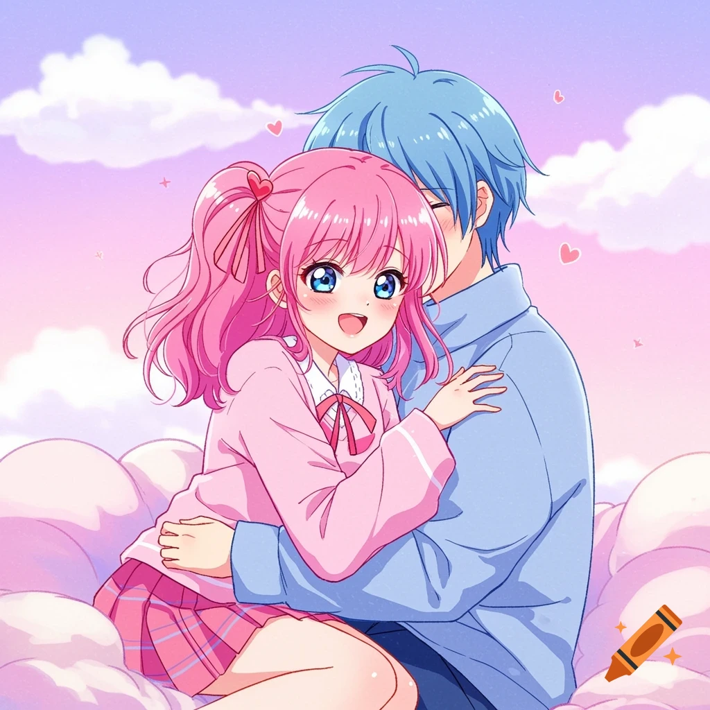 Anime couple with pink and blue hair hugging in a dreamy sky with clouds and hearts
