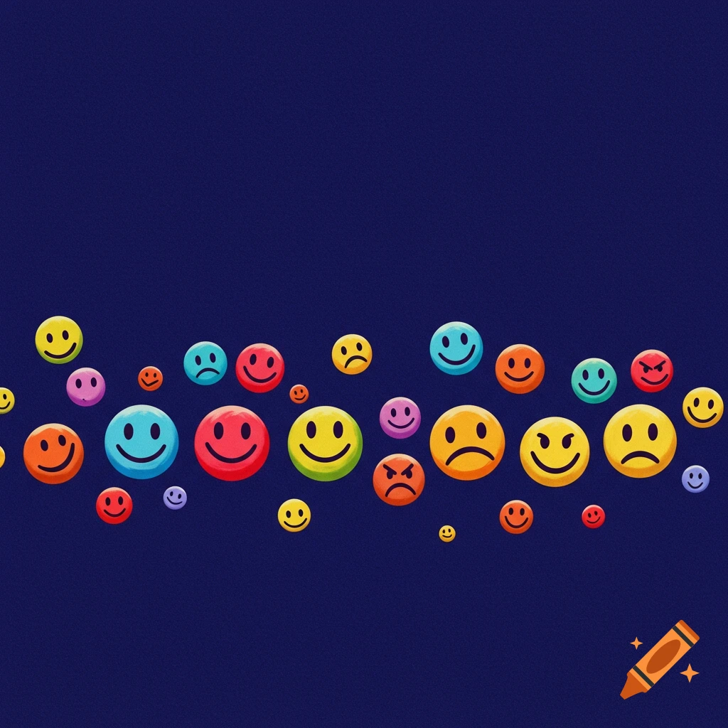 Colorful smiley faces with different expressions floating on a dark blue background.