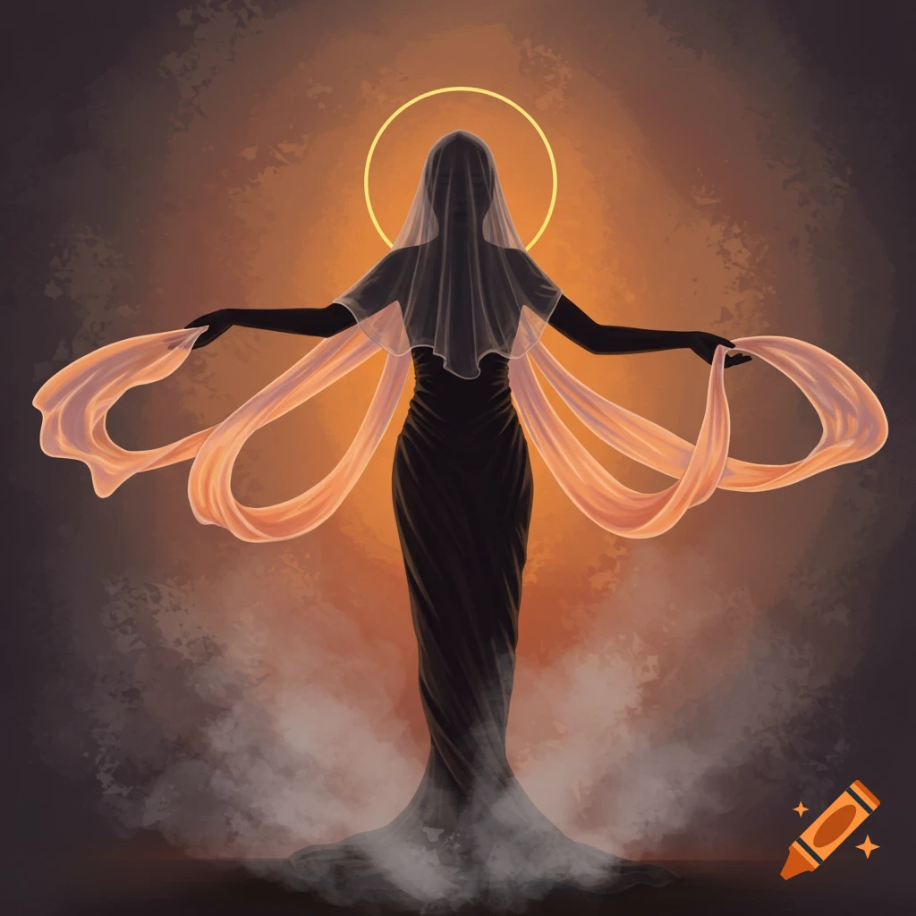 A veiled figure in silhouette with outstretched arms, flowing silk ribbons, and a halo.