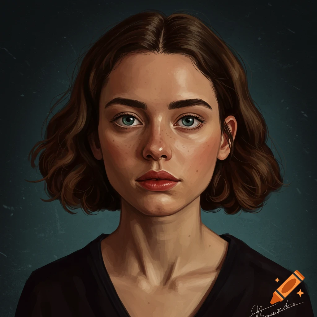 A close-up portrait of a young woman with short brown hair and freckles.