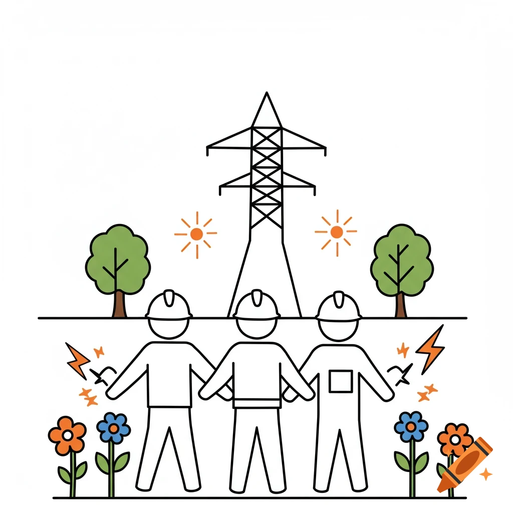 Simple illustration of three workers, a power tower, trees, flowers, and lightning bolts.