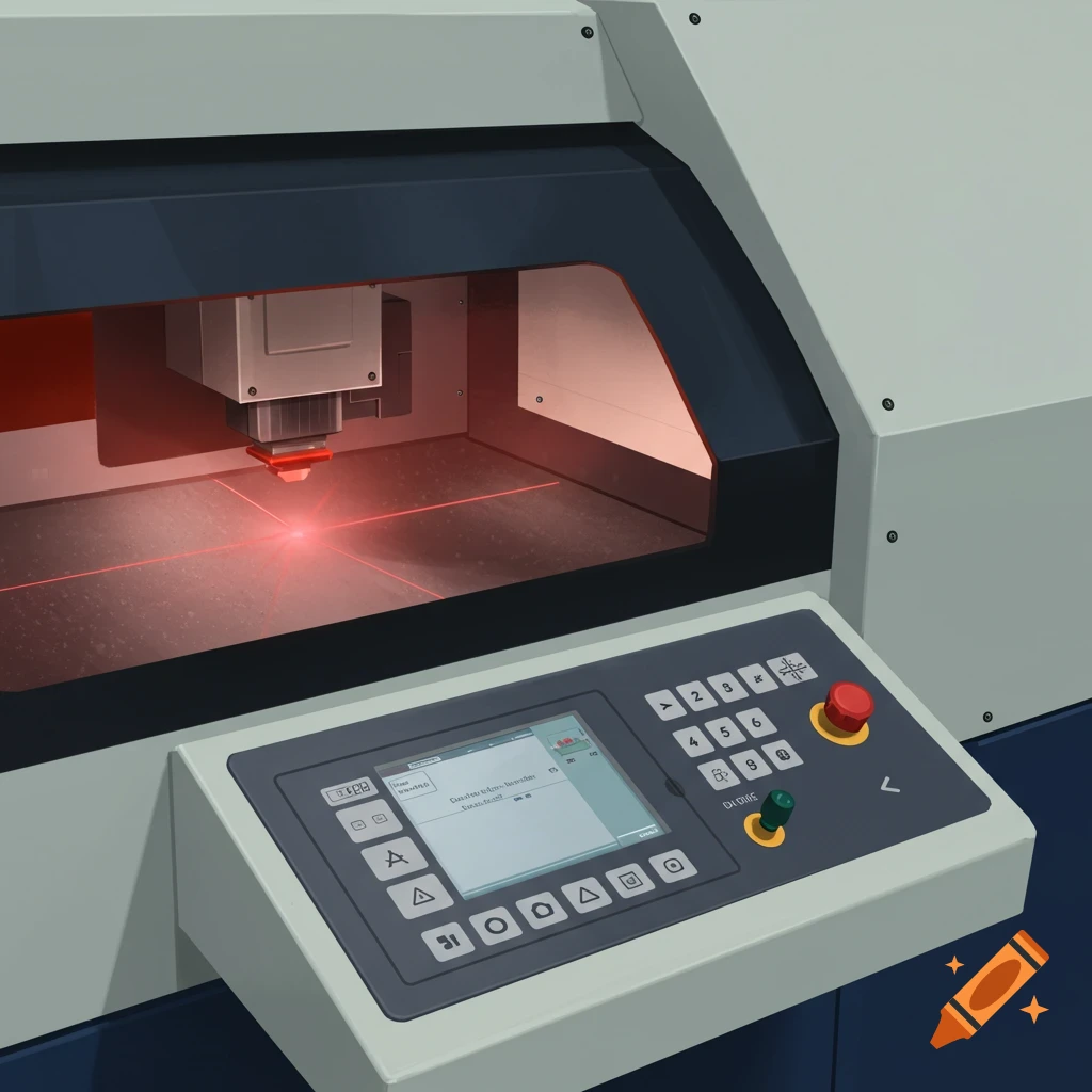 A laser engraving machine with a glowing laser and control panel
