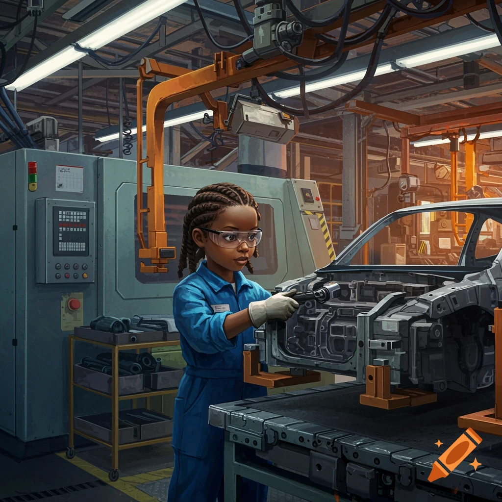 A young Black girl works on a car frame on an assembly line in a factory.