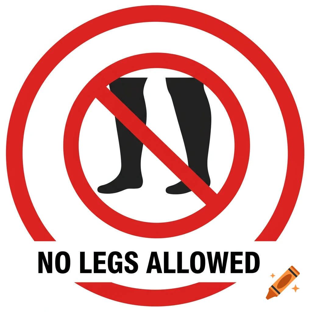 A prohibition sign symbol with legs inside a red circle and slash, and the text NO LEGS ALLOWED below it.