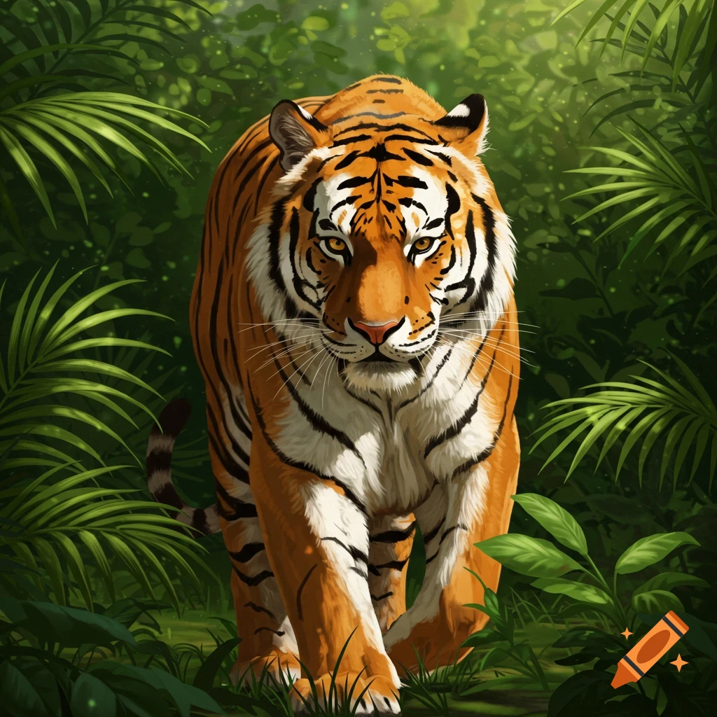 A tiger is walking through a lush green jungle.