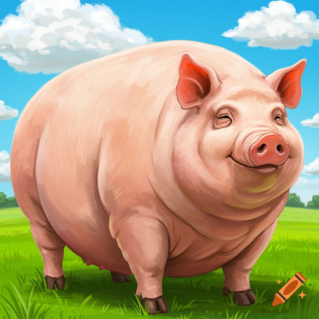 A large pink pig smiles happily in a green pasture under a blue, cloudy sky.