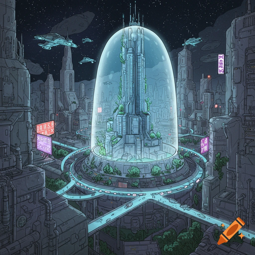 A detailed drawing of a futuristic city with a tall tower under a dome, surrounded by highways and flying vehicles at night.