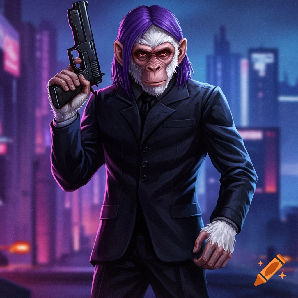 A white-furred ape in a suit holds a gun with a city in the background.