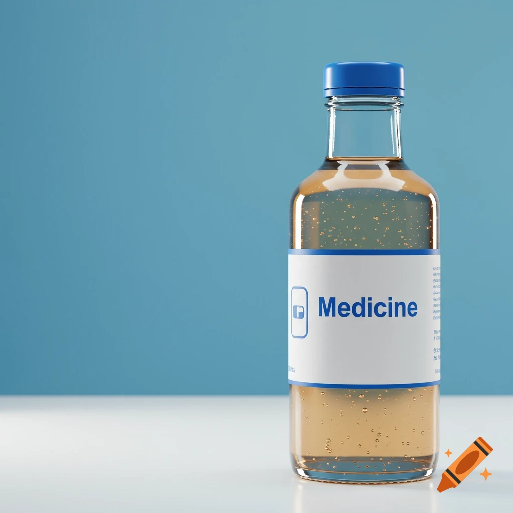 A bottle of medicine liquid with a blue cap and a label reading 'Medicine' sits on a white surface against a blue background.