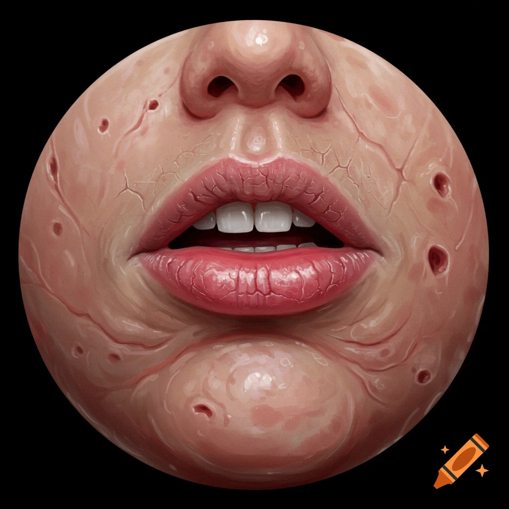 Surreal digital art close-up of a face on a fleshy sphere with cracked lips, wrinkled skin, and holes, suggesting decay.