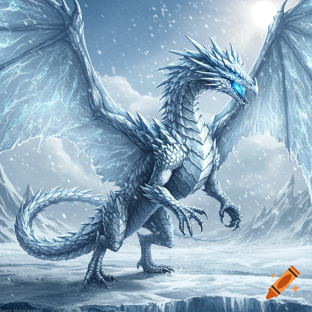Ice dragon in a snowy mountain landscape