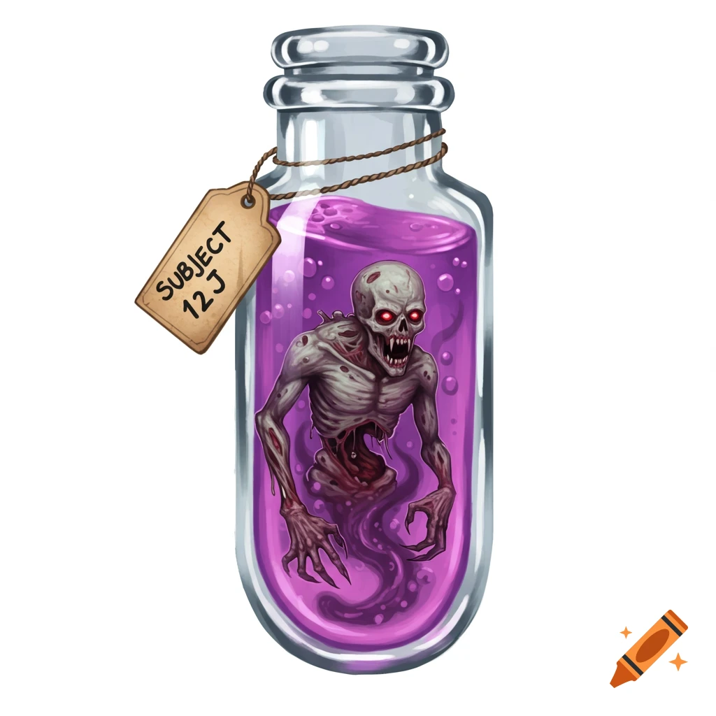 A zombie monster is inside a bottle with a 'Subject 12J' label.