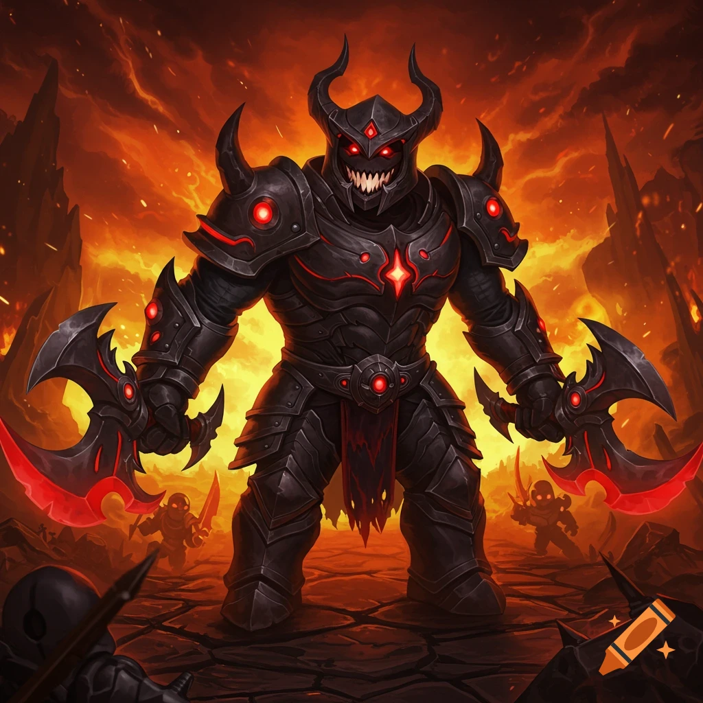 A large demonic warrior in black and red armor holds two axes in a fiery, hellish landscape.