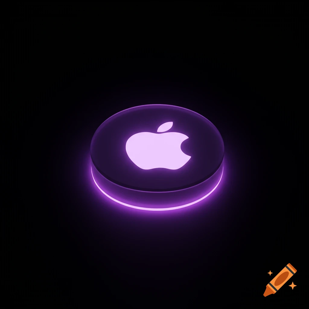 A purple glowing Apple logo on a dark circular object against a black background.