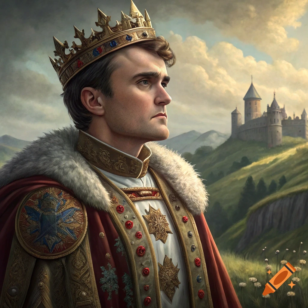 Portrait of a man wearing a crown and regal robe, looking towards a castle in a landscape.