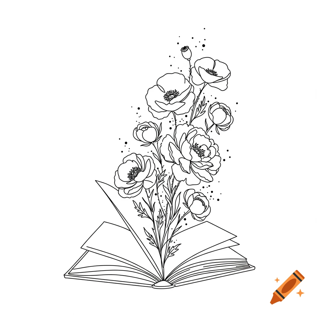 Simple black and white line drawing of an open book with poppies and peonies growing from it.