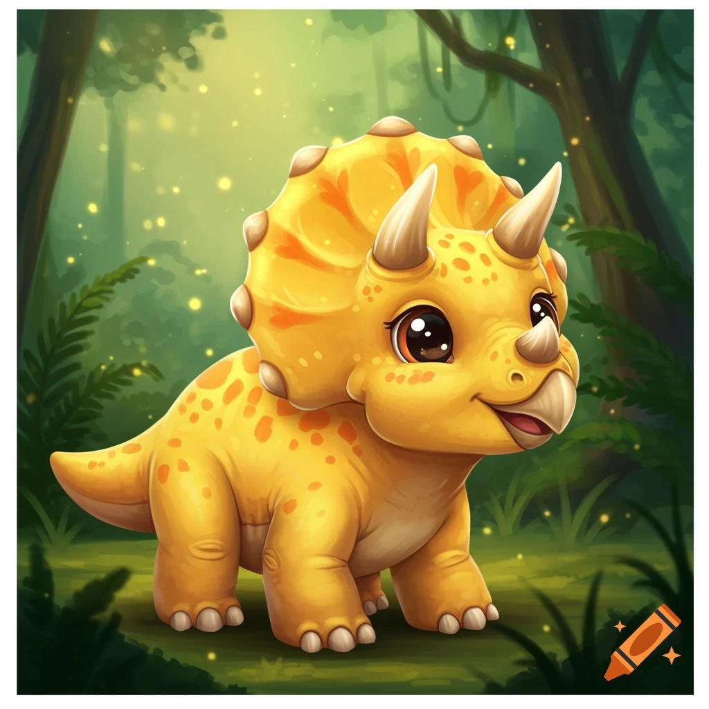 A cute yellow cartoon triceratops in a forest.