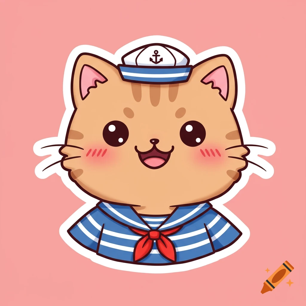Cute cartoon sticker of a cat in a sailor outfit.