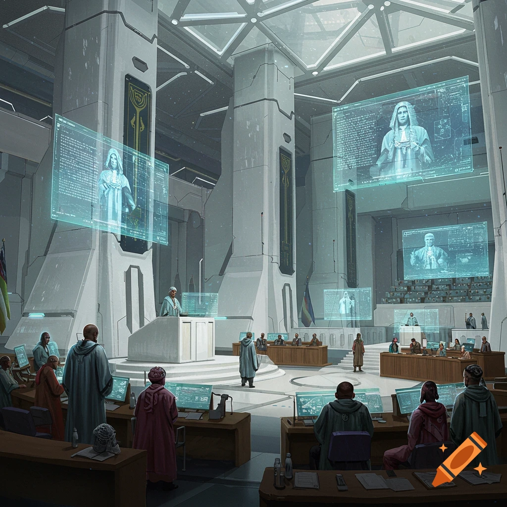 A futuristic council hall with robed figures and holographic screens.